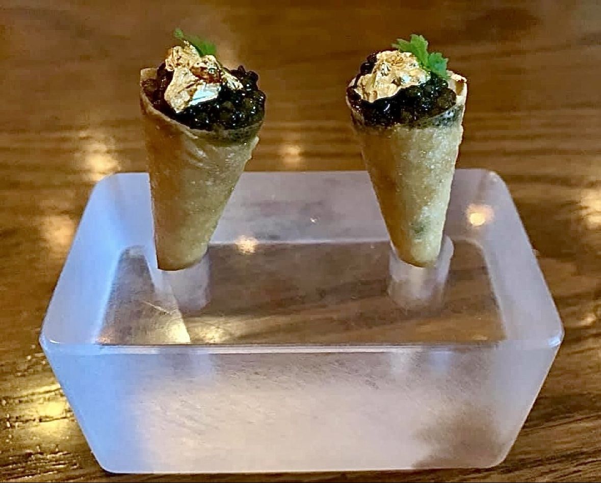 Caviar cones with gold leaf