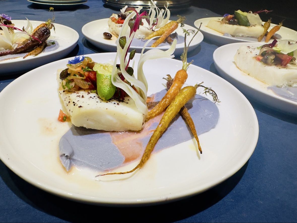Halibut with purple potato and carrots