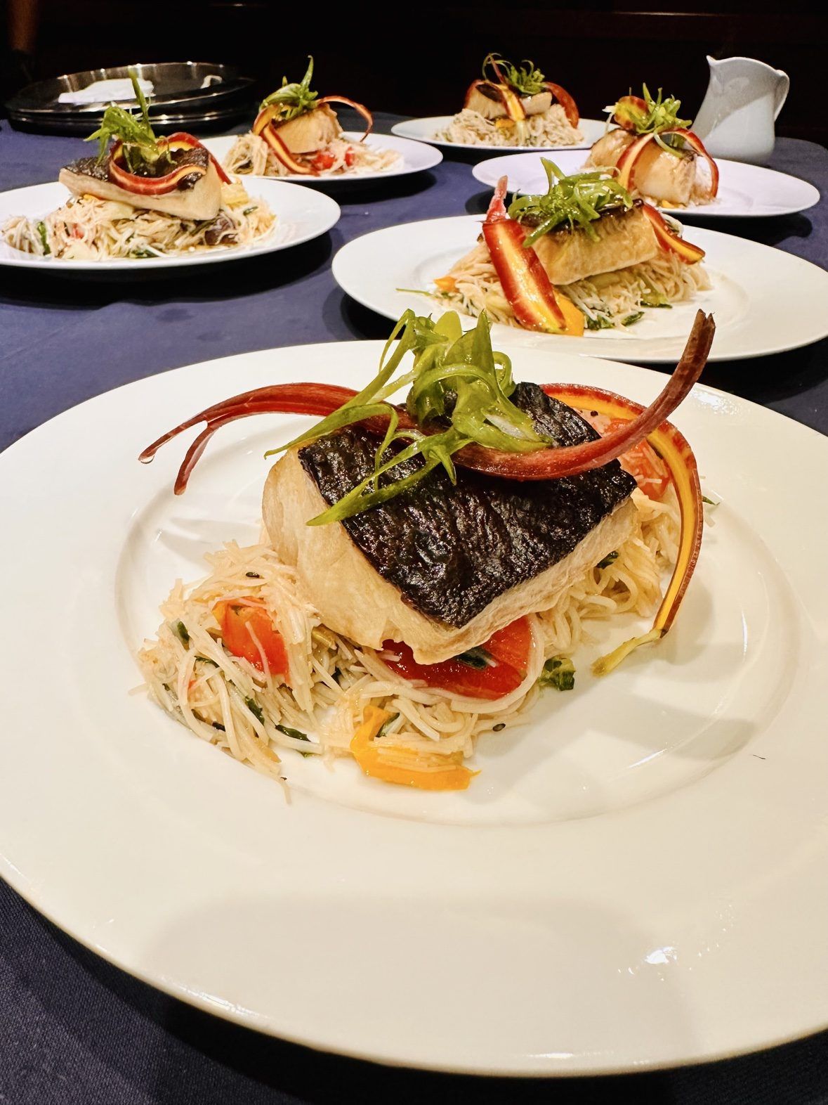 Crisp skin sea bass with vermicelli