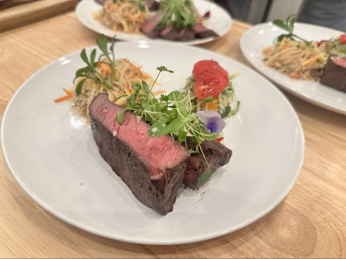 Seared steak with noodle salad
