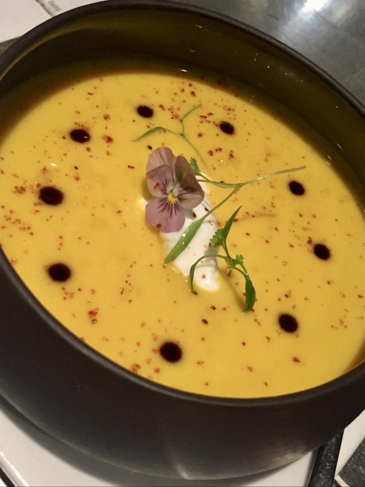 Veloute with pansy and creme