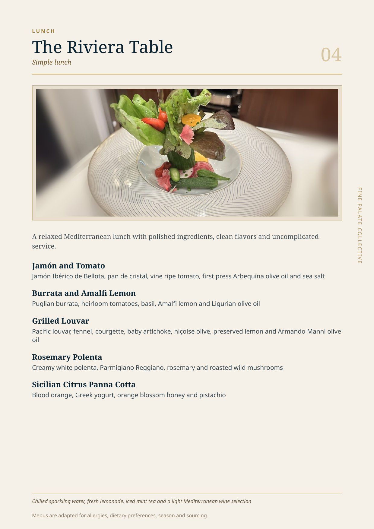 The Riviera Table, simple lunch menu