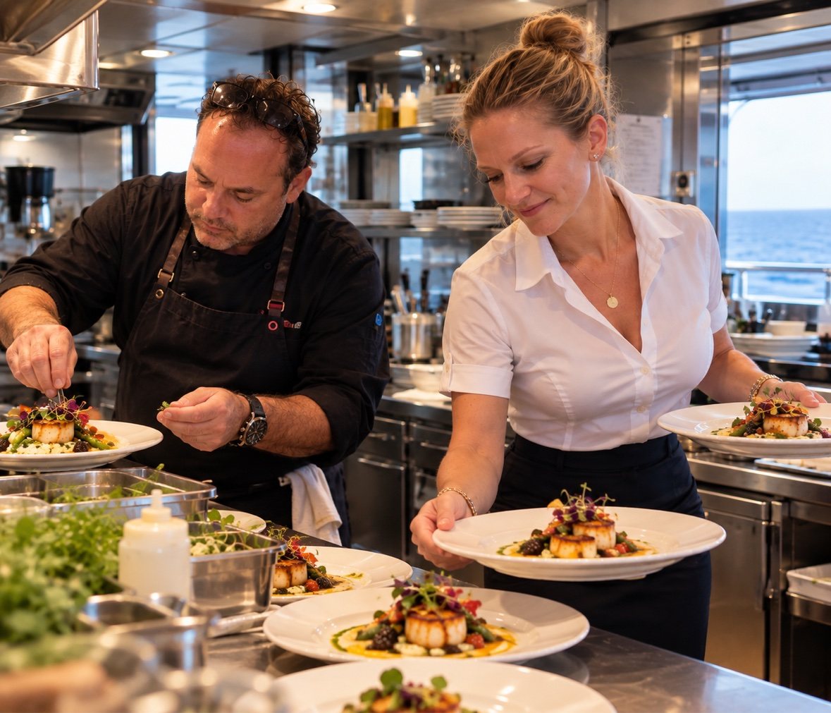 Head Chef and Chief Stewardess plating together in the galley