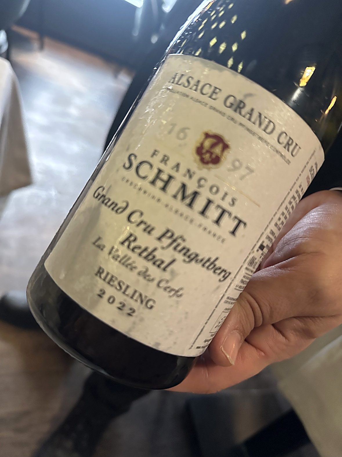 Alsace Grand Cru Riesling 2022 presented at the table