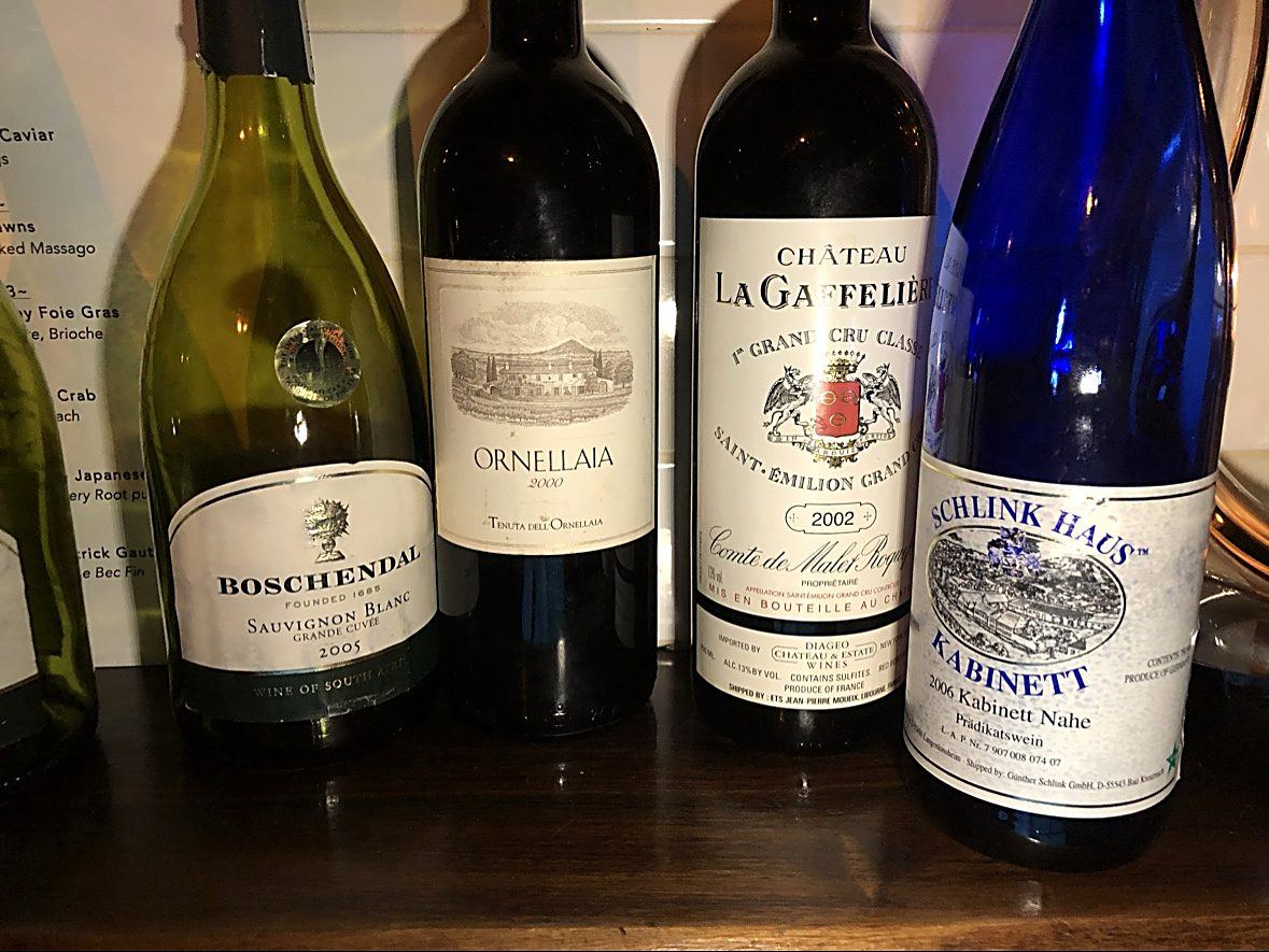 Wine lineup with Ornellaia 2000 and Chateau La Gaffeliere 2002